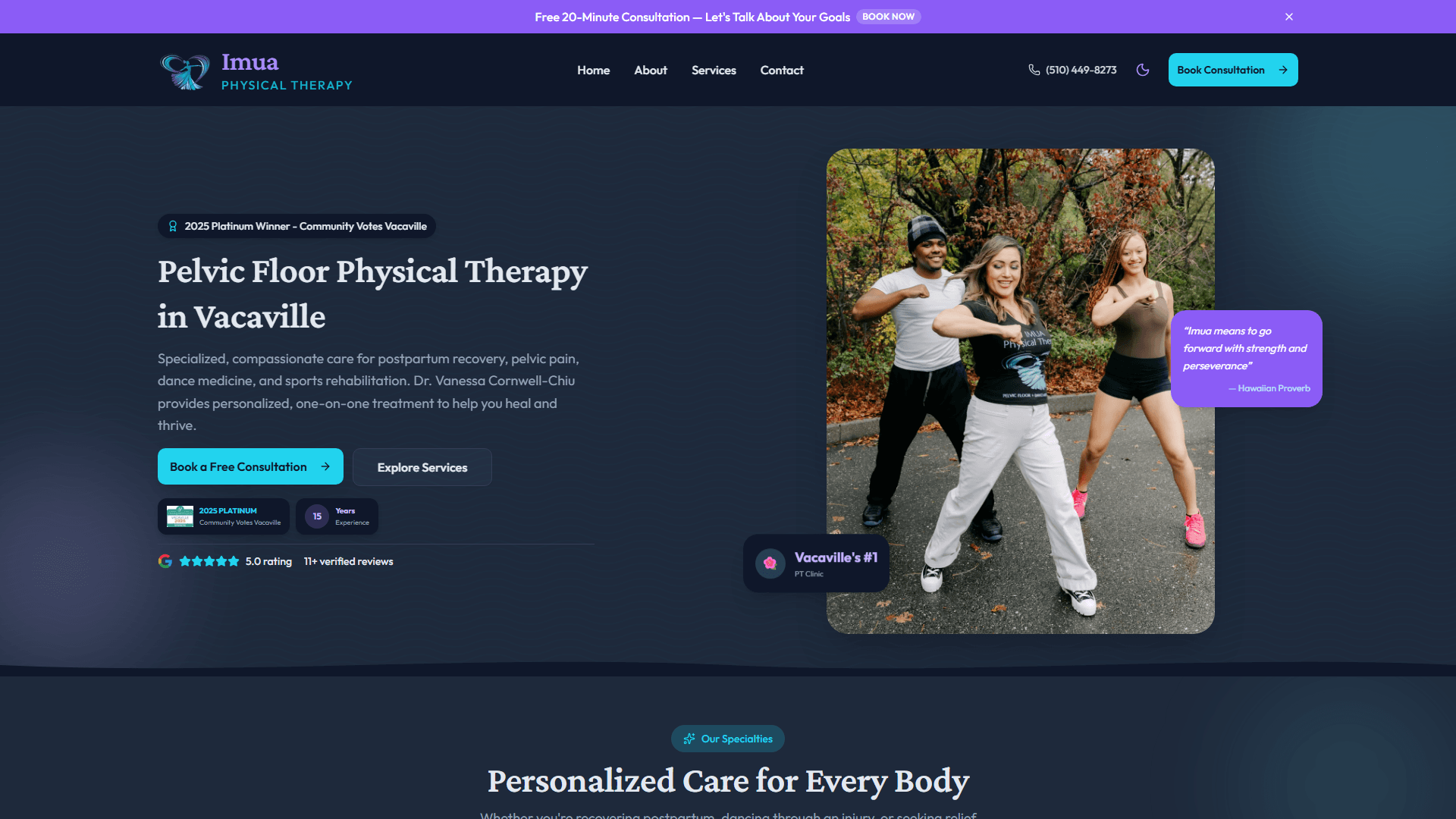 Imua Pelvic PT desktop view (dark mode)